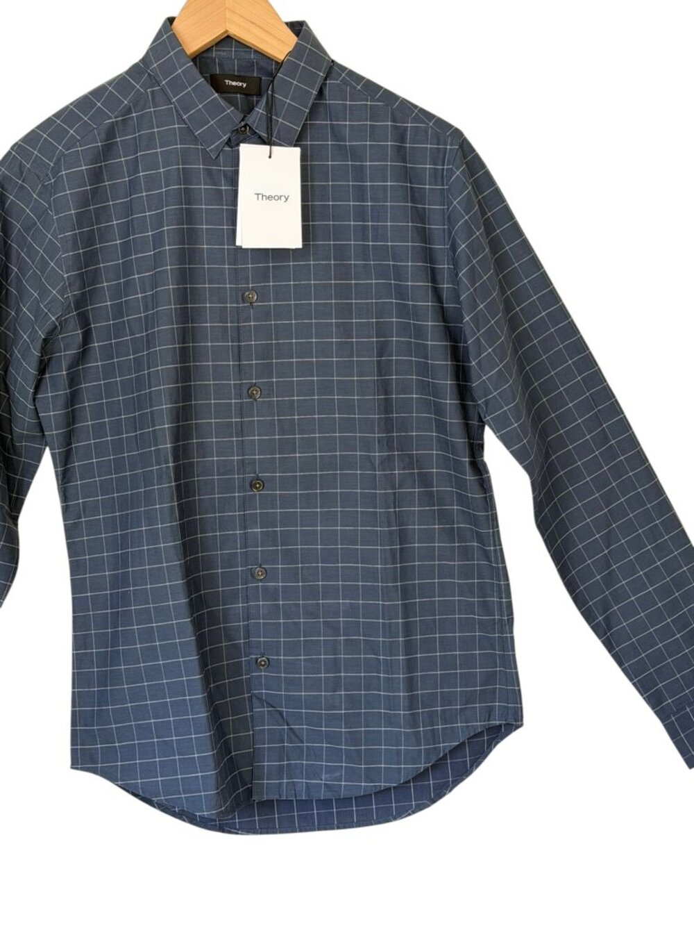 Theory Zack Ordway 100% Cotton Grid Check LS Shirt Faded Victory Slate Blue XS